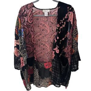 Ania A. Patchwork Velvet Burnout Kimono Jacket Floral Paisley Pockets, S/M